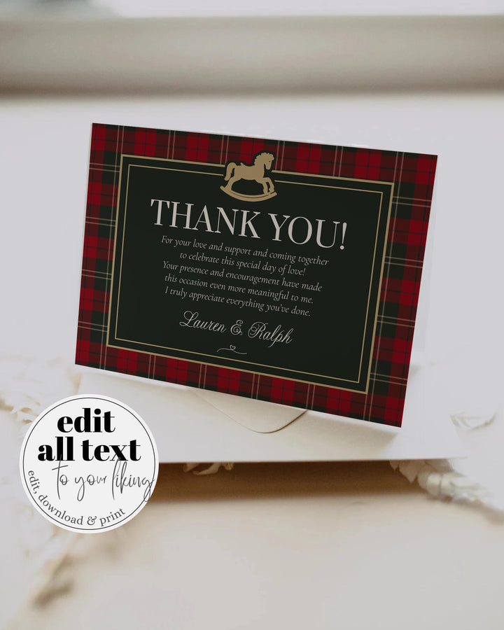 Red and Green Rocking Horse Baby Shower Thank You Card Template, Vintage Holiday Baby Note #068rl - TheLovebirdsDesign