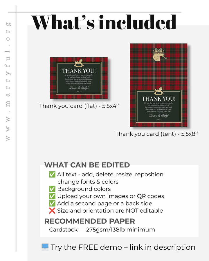 Red and Green Rocking Horse Baby Shower Thank You Card Template, Vintage Holiday Baby Note #068rl - TheLovebirdsDesign