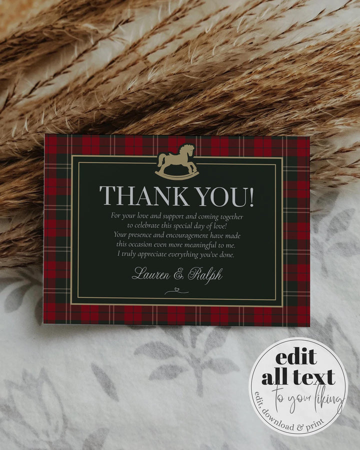 Red and Green Rocking Horse Baby Shower Thank You Card Template, Vintage Holiday Baby Note #068rl - TheLovebirdsDesign
