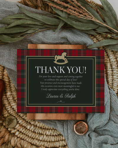 Red and Green Rocking Horse Baby Shower Thank You Card Template, Vintage Holiday Baby Note #068rl - TheLovebirdsDesign