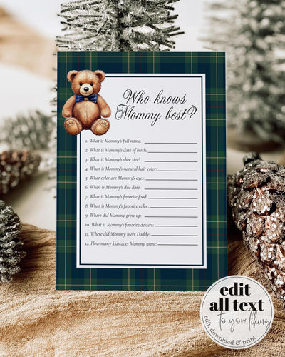 Polo Teddy Baby Shower Game Template, Who knows Mommy best Printable, Navy Green Plaid #068rl - marryful.org