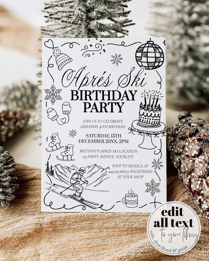 Winter Après-Ski Birthday Invitation, Handwritten Doodle Ski Party Invite #070 - TheLovebirdsDesign