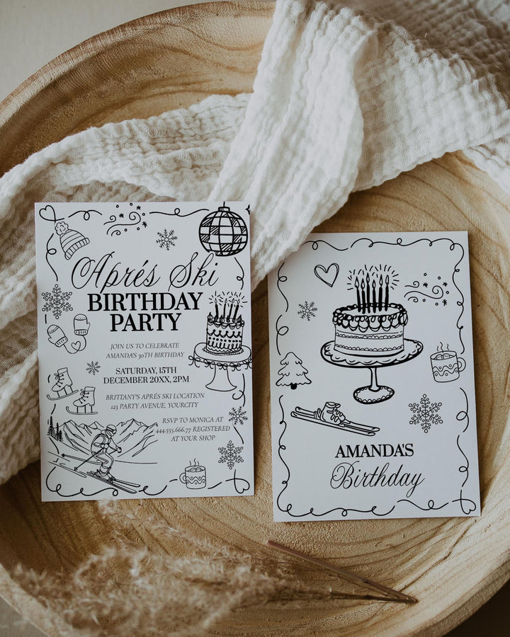 Winter Après-Ski Birthday Invitation, Handwritten Doodle Ski Party Invite #070 - TheLovebirdsDesign