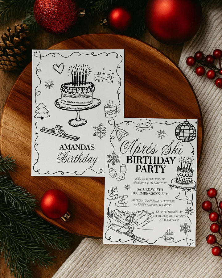 Winter Après-Ski Birthday Invitation, Handwritten Doodle Ski Party Invite #070 - TheLovebirdsDesign