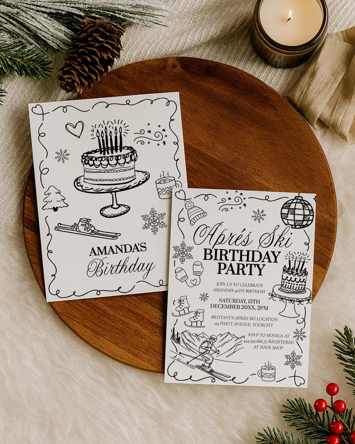 Winter Après-Ski Birthday Invitation, Handwritten Doodle Ski Party Invite #070 - TheLovebirdsDesign