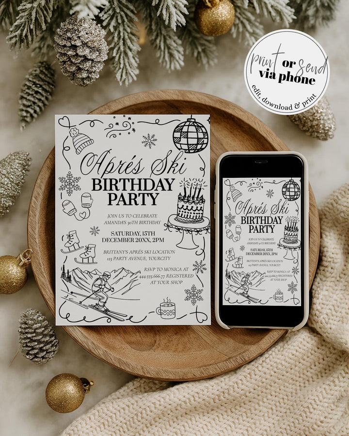Winter Après-Ski Birthday Invitation, Handwritten Doodle Ski Party Invite #070 - TheLovebirdsDesign