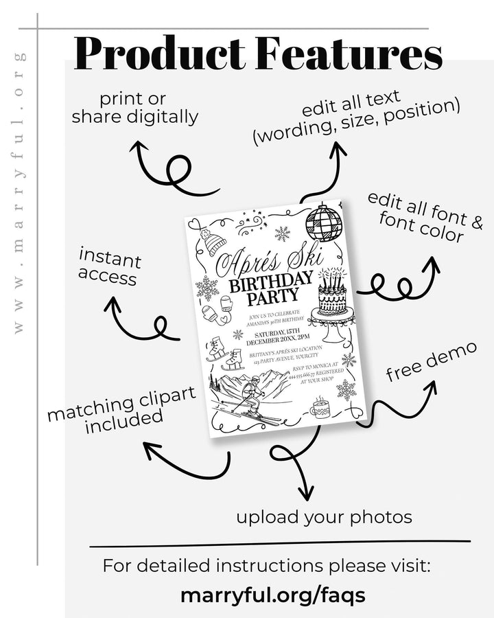 Winter Après-Ski Birthday Invitation, Handwritten Doodle Ski Party Invite #070 - TheLovebirdsDesign