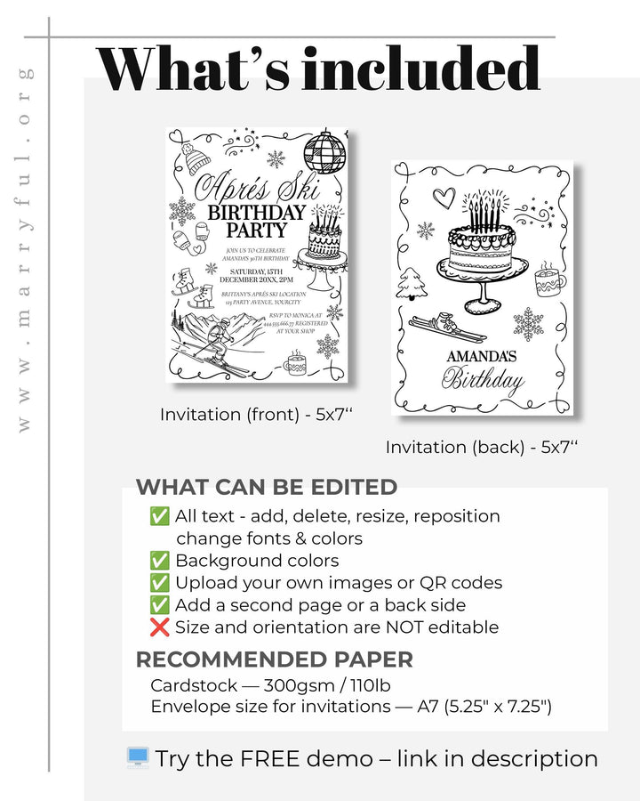 Winter Après-Ski Birthday Invitation, Handwritten Doodle Ski Party Invite #070 - TheLovebirdsDesign
