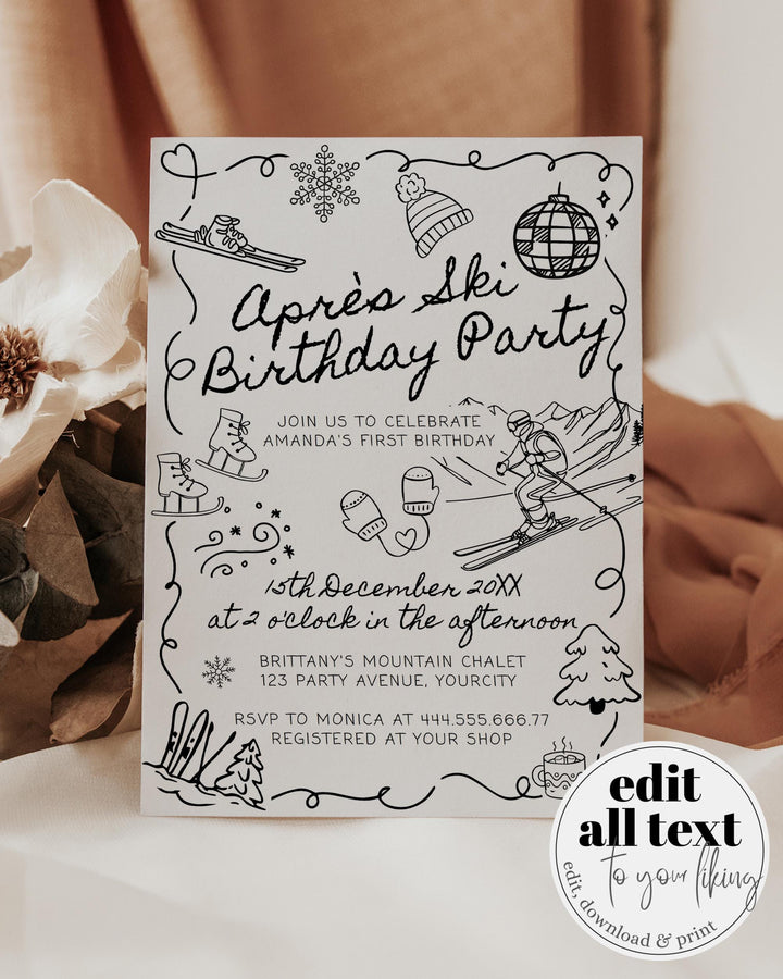 Winter Birthday Invitation Template, Après Ski Party Invite with Funky Handwritten Font #070 - TheLovebirdsDesign