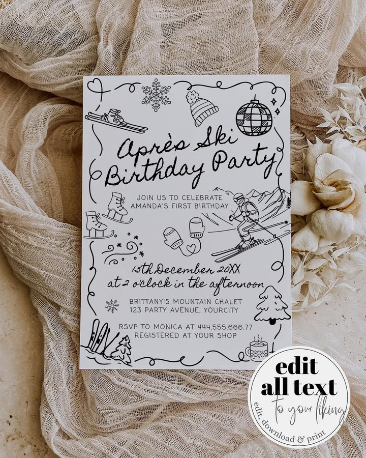 Winter Birthday Invitation Template, Après Ski Party Invite with Funky Handwritten Font #070 - TheLovebirdsDesign