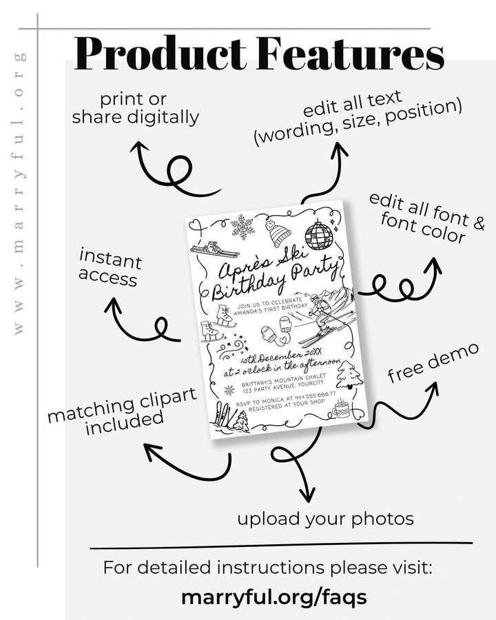 Winter Birthday Invitation Template, Après Ski Party Invite with Funky Handwritten Font #070 - TheLovebirdsDesign