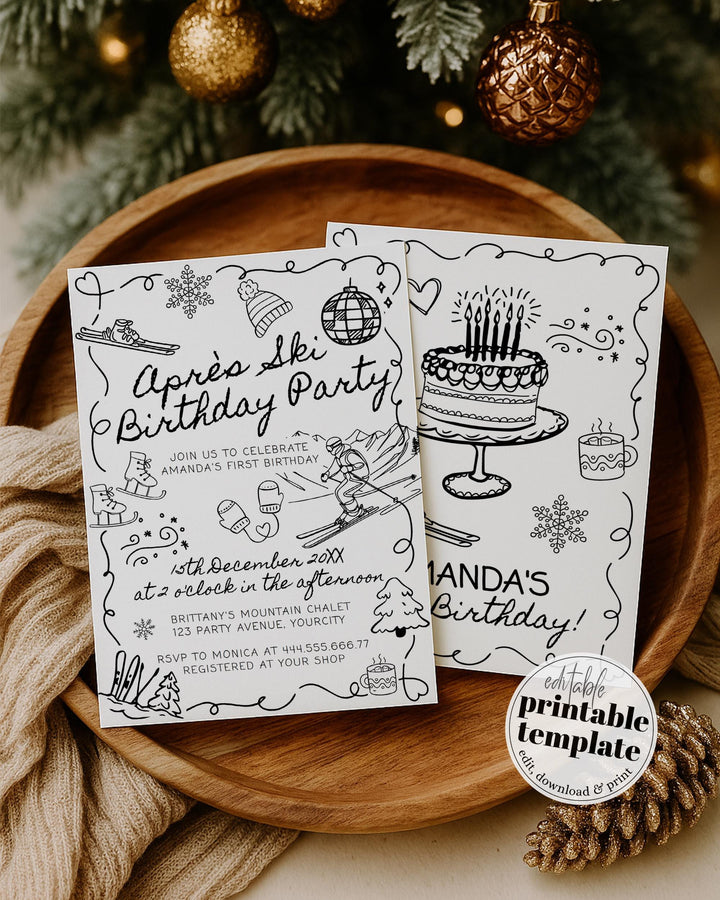 Winter Birthday Invitation Template, Après Ski Party Invite with Funky Handwritten Font #070 - TheLovebirdsDesign