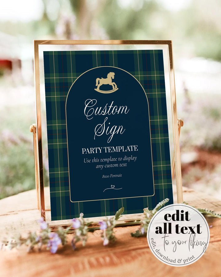 Polo Baby Shower Custom Sign Template, 8x10 Navy Green Gold Rocking Horse Editable Sign #068rl - TheLovebirdsDesign