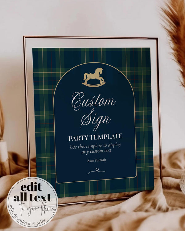 Polo Baby Shower Custom Sign Template, 8x10 Navy Green Gold Rocking Horse Editable Sign #068rl - TheLovebirdsDesign
