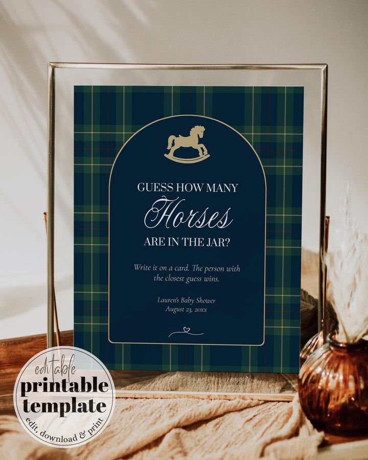 Polo Baby Shower Guess How Many Horses Game, Navy Green Gold Rocking Horse Sign and Card #068rl - TheLovebirdsDesign