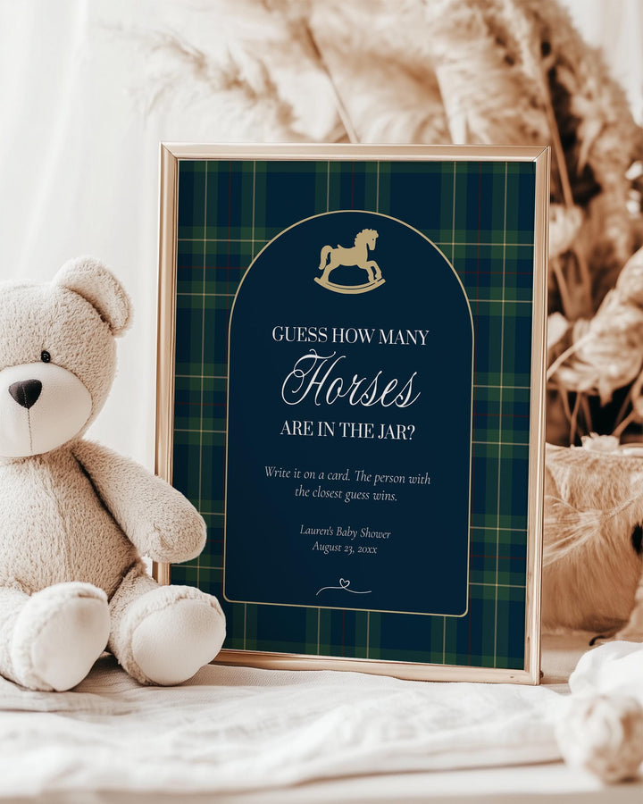 Polo Baby Shower Guess How Many Horses Game, Navy Green Gold Rocking Horse Sign and Card #068rl - TheLovebirdsDesign