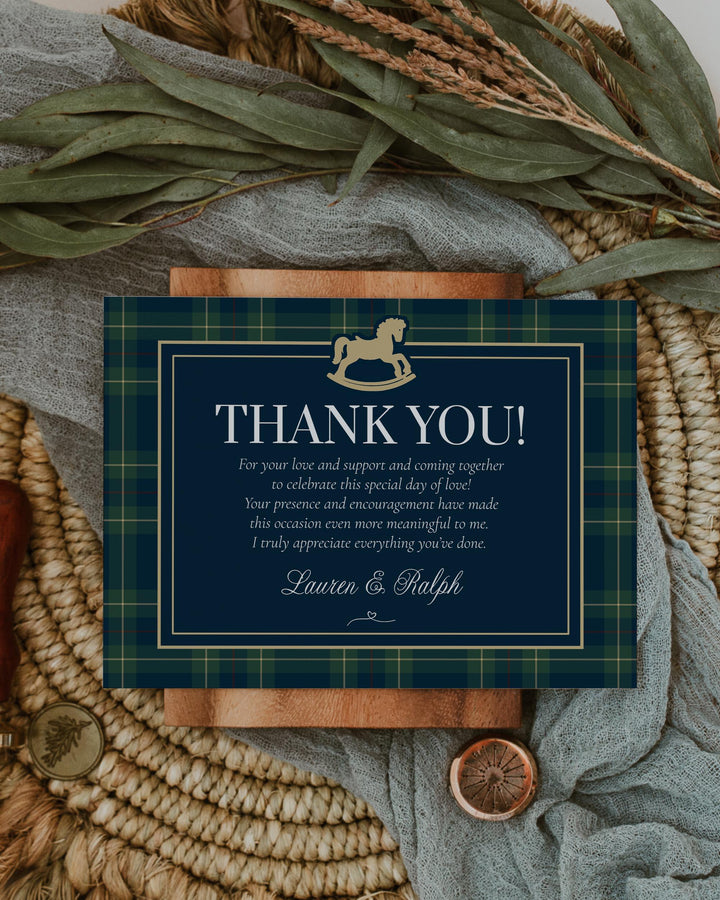 Polo Baby Shower Thank You Card Template, Vintage Navy Green Gold Rocking Horse Flat or Tented Card #068rl - TheLovebirdsDesign