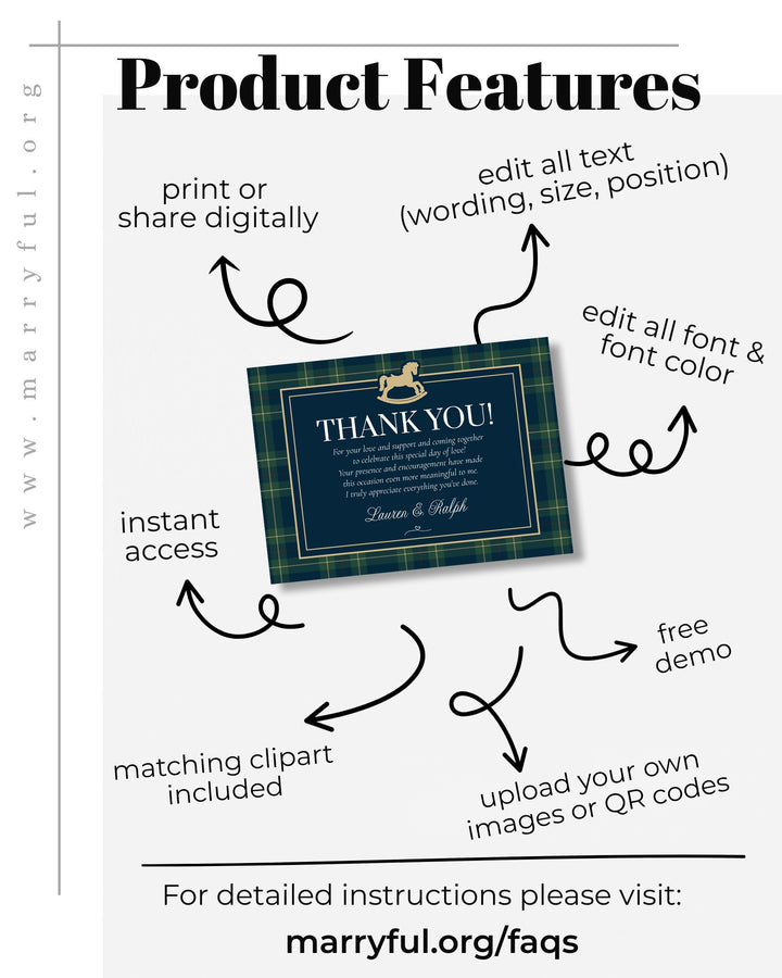 Polo Baby Shower Thank You Card Template, Vintage Navy Green Gold Rocking Horse Flat or Tented Card #068rl - TheLovebirdsDesign