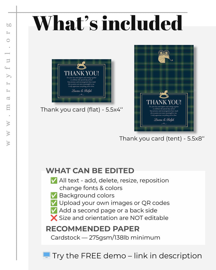 Polo Baby Shower Thank You Card Template, Vintage Navy Green Gold Rocking Horse Flat or Tented Card #068rl - TheLovebirdsDesign