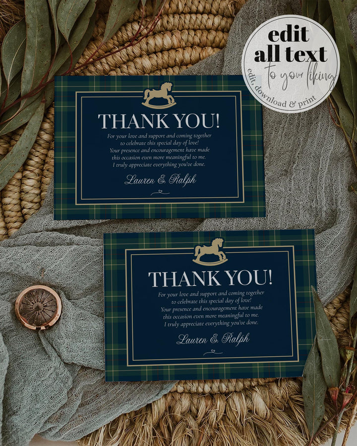 Polo Baby Shower Thank You Card Template, Vintage Navy Green Gold Rocking Horse Flat or Tented Card #068rl - TheLovebirdsDesign