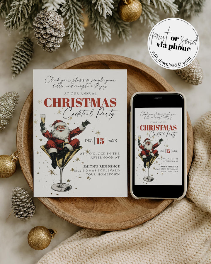 Santa Christmas Cocktail Party Invitation, Drunk Santa Martini Retro Holiday Invite Template #072 - TheLovebirdsDesign