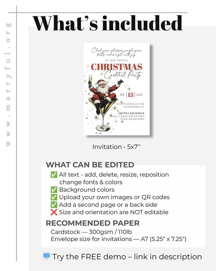 Santa Christmas Cocktail Party Invitation, Drunk Santa Martini Retro Holiday Invite Template #072 - TheLovebirdsDesign