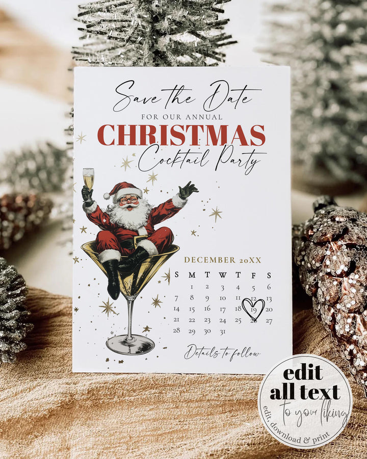 Santa Christmas Cocktail Party Save the Date Template, Retro Holiday Martini Theme #072 - TheLovebirdsDesign