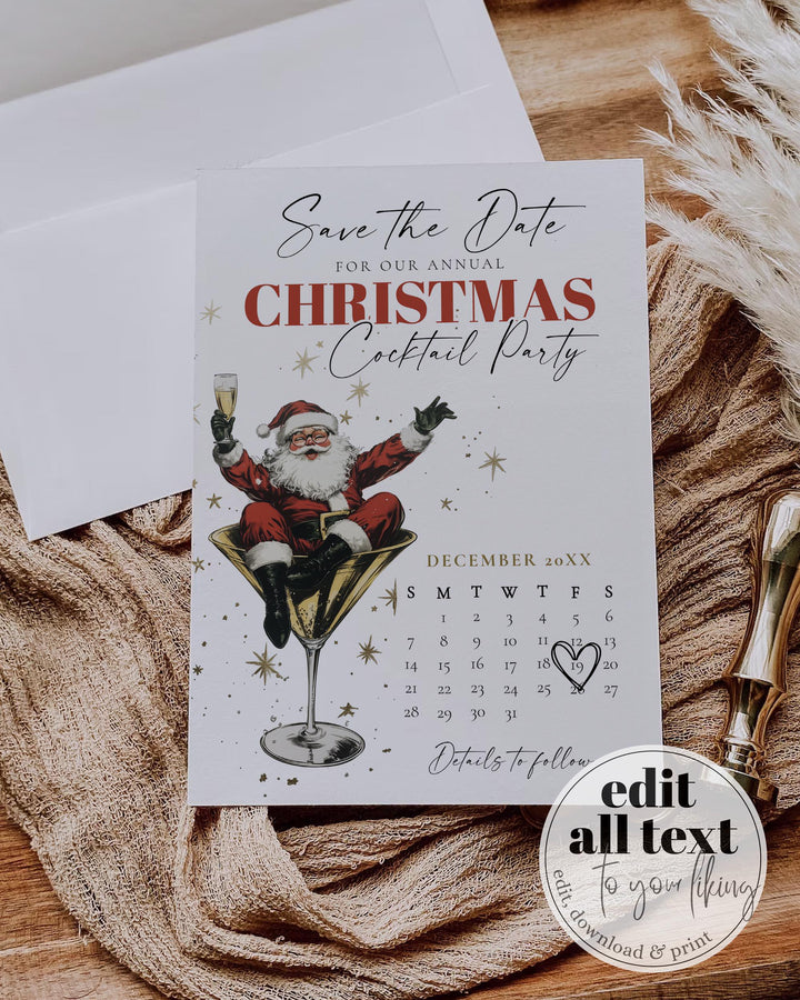 Santa Christmas Cocktail Party Save the Date Template, Retro Holiday Martini Theme #072 - TheLovebirdsDesign