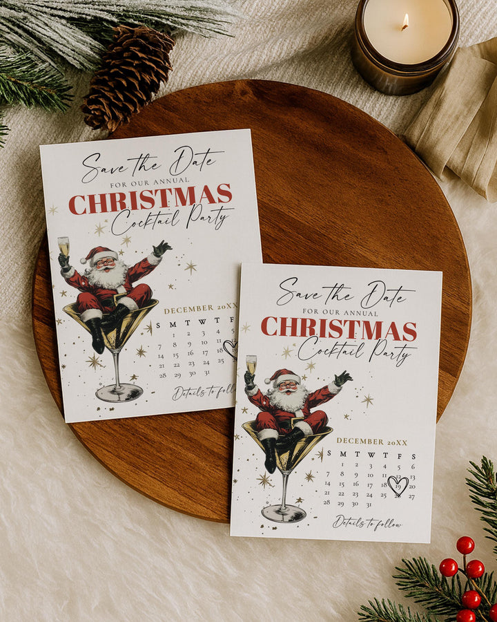 Santa Christmas Cocktail Party Save the Date Template, Retro Holiday Martini Theme #072 - TheLovebirdsDesign