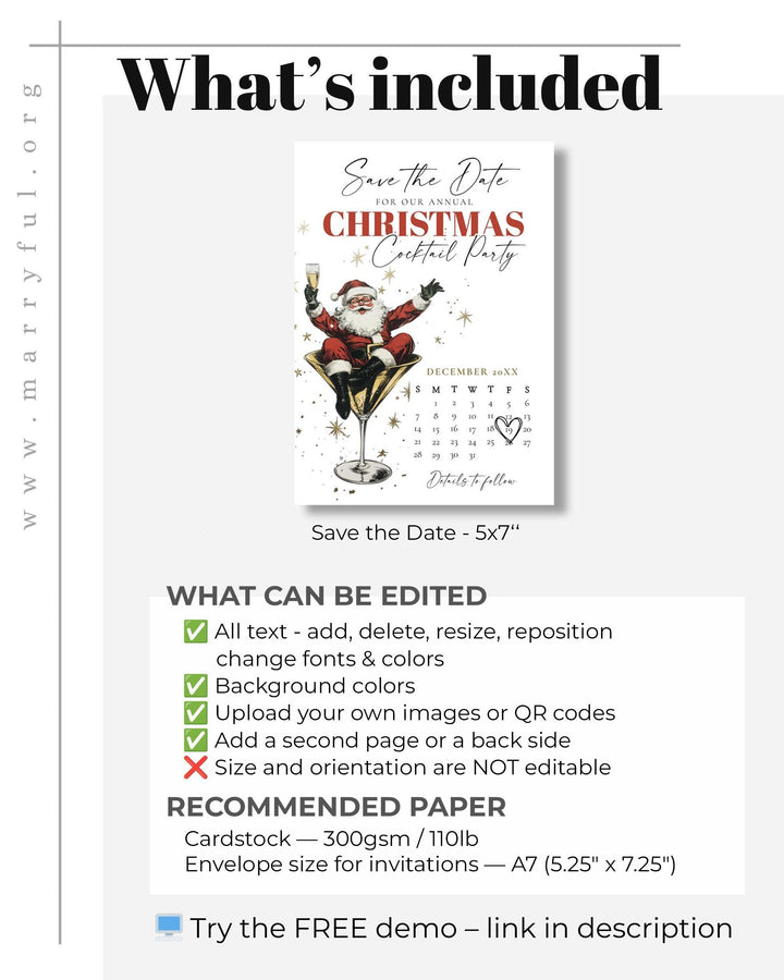 Santa Christmas Cocktail Party Save the Date Template, Retro Holiday Martini Theme #072 - TheLovebirdsDesign