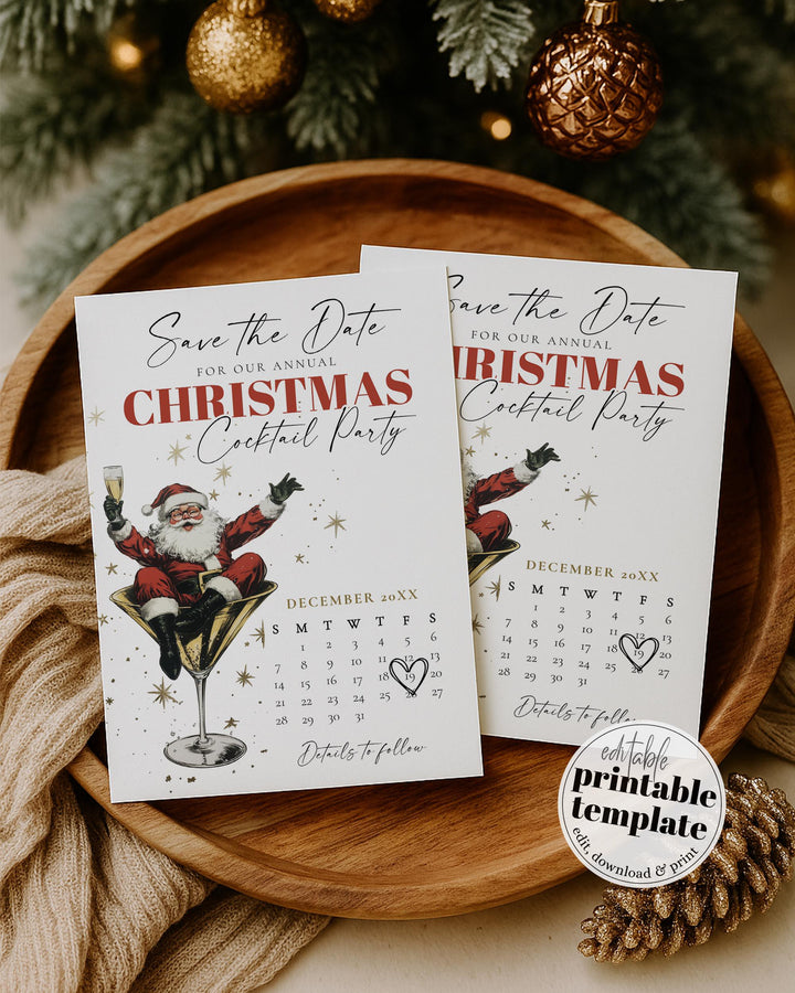 Santa Christmas Cocktail Party Save the Date Template, Retro Holiday Martini Theme #072 - TheLovebirdsDesign