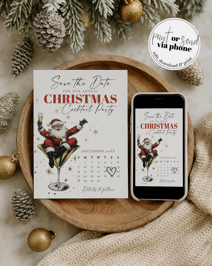 Santa Christmas Cocktail Party Save the Date Template, Retro Holiday Martini Theme #072 - TheLovebirdsDesign