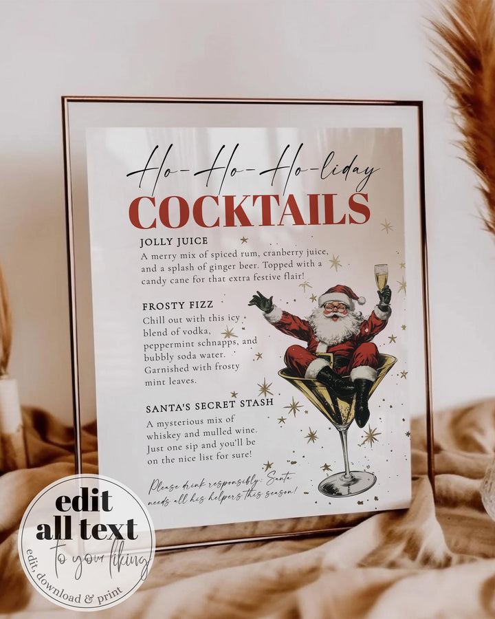 Santa Christmas Cocktail Bar Menu Sign Template, Retro Holiday Martini Party Sign #072 - TheLovebirdsDesign