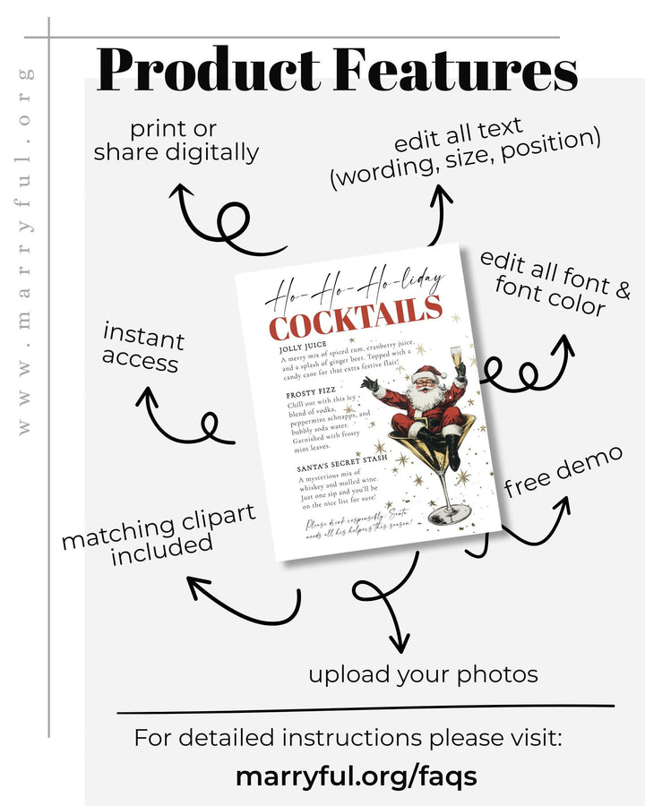 Santa Christmas Cocktail Bar Menu Sign Template, Retro Holiday Martini Party Sign #072 - TheLovebirdsDesign