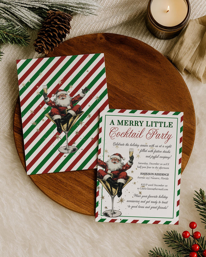 Retro Santa Christmas Cocktail Party Invitation, Funny Holiday Martini Theme #072 - TheLovebirdsDesign
