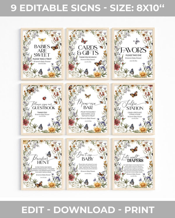 Vintage Wildflower Baby Shower Sign Set, Butterfly & Bug Garden Theme, Editable 9-Sign Bundle #072 - TheLovebirdsDesign