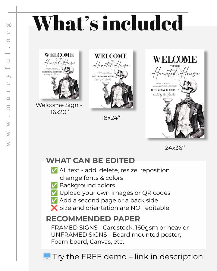 Vintage Gothic Halloween Welcome Sign, Elegant Skeleton Party Entrance Decor, Editable Template #072 - TheLovebirdsDesign