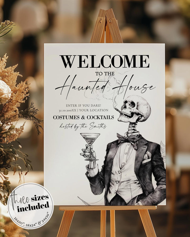 Vintage Gothic Halloween Welcome Sign, Elegant Skeleton Party Entrance Decor, Editable Template #072 - TheLovebirdsDesign