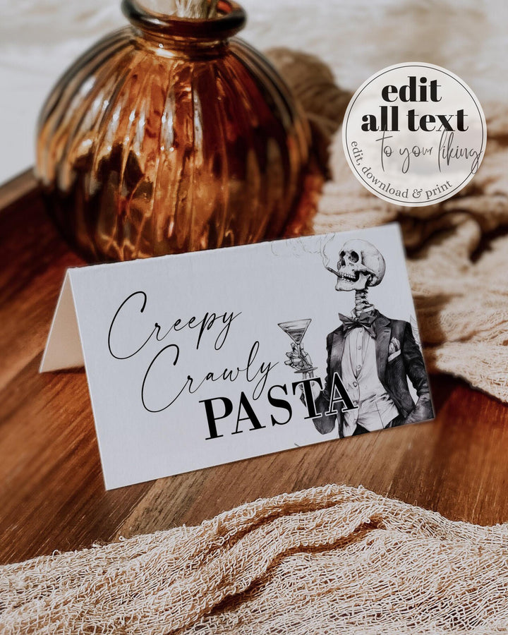 Gothic Halloween Food & Drink Labels, Vintage Skeleton Place Cards, Editable Buffet Tags Printable #072 - TheLovebirdsDesign