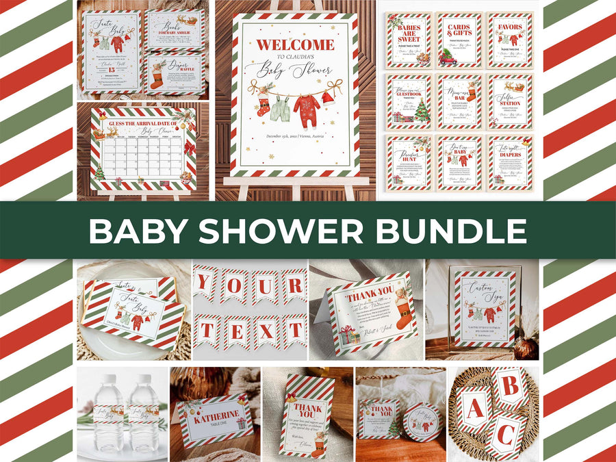 Santa Christmas Baby Shower Bundle, Holiday Invitation & Editable Party Decorations Template Set 056SA-BSBUNDLE - marryful.org