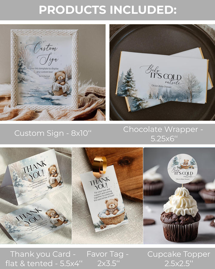 Winter Teddy Bear Baby Shower Bundle, Neutral Beige Blue Snow Theme, Baby It’s Cold Outside Party Decor Templates #072 - TheLovebirdsDesign
