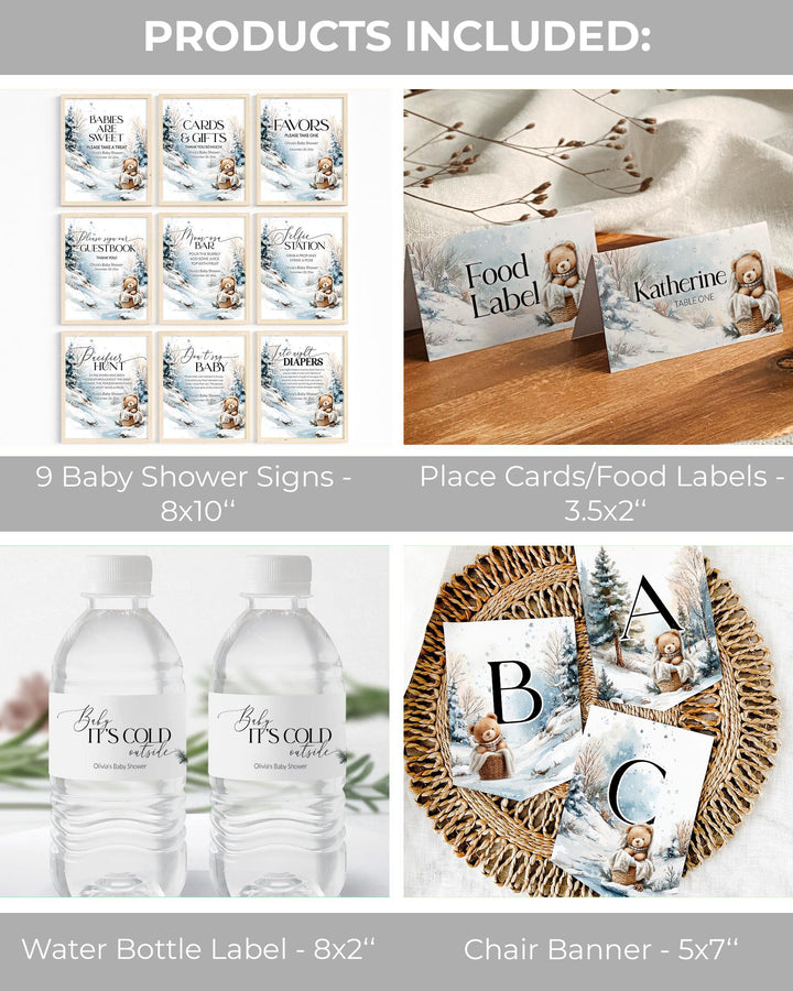 Winter Teddy Bear Baby Shower Bundle, Neutral Beige Blue Snow Theme, Baby It’s Cold Outside Party Decor Templates #072 - TheLovebirdsDesign