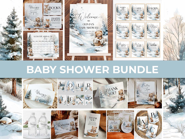 Winter Teddy Bear Baby Shower Bundle, Neutral Beige Blue Snow Theme, Baby It’s Cold Outside Party Decor Templates #072 - TheLovebirdsDesign