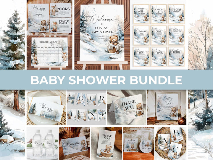 Winter Teddy Bear Baby Shower Bundle, Neutral Beige Blue Snow Theme, Baby It’s Cold Outside Party Decor Templates #072 - TheLovebirdsDesign