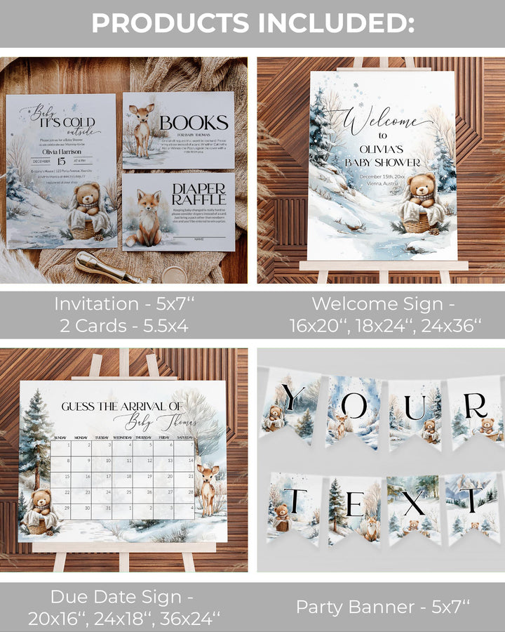 Winter Teddy Bear Baby Shower Bundle, Neutral Beige Blue Snow Theme, Baby It’s Cold Outside Party Decor Templates #072 - TheLovebirdsDesign