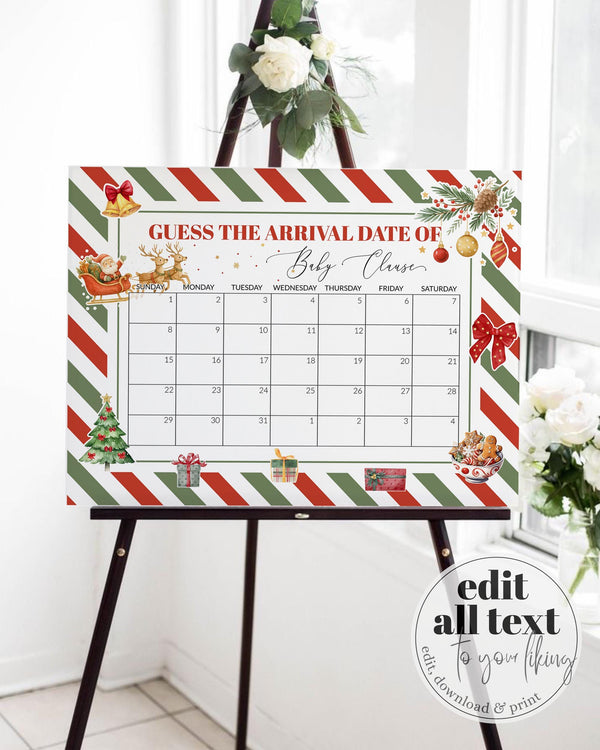 Guess Baby’s Arrival Sign, Santa Baby Shower Game, Christmas Red Green Editable Template #072 - TheLovebirdsDesign