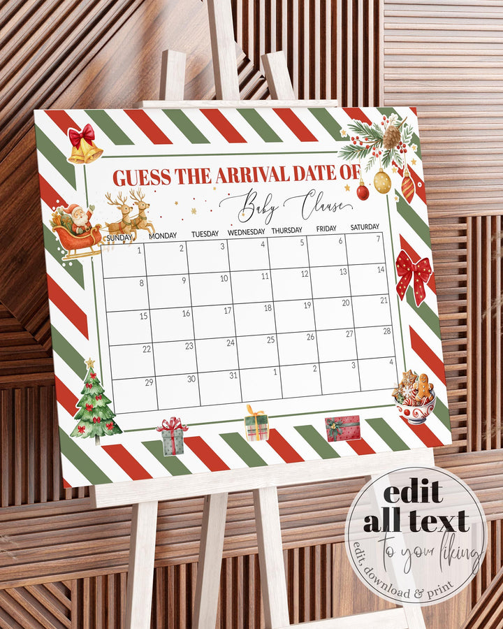 Guess Baby’s Arrival Sign, Santa Baby Shower Game, Christmas Red Green Editable Template #072 - TheLovebirdsDesign