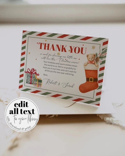 Santa Baby Thank You Card, Christmas Baby Shower Notes, Flat & Tented Editable Template #072 - TheLovebirdsDesign