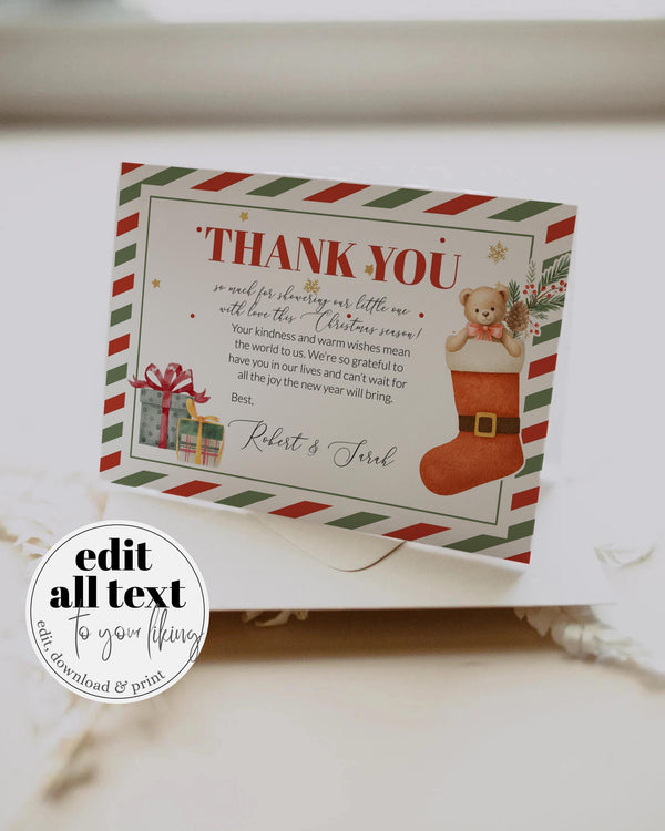 Santa Baby Thank You Card, Christmas Baby Shower Notes, Flat & Tented Editable Template #072 - TheLovebirdsDesign