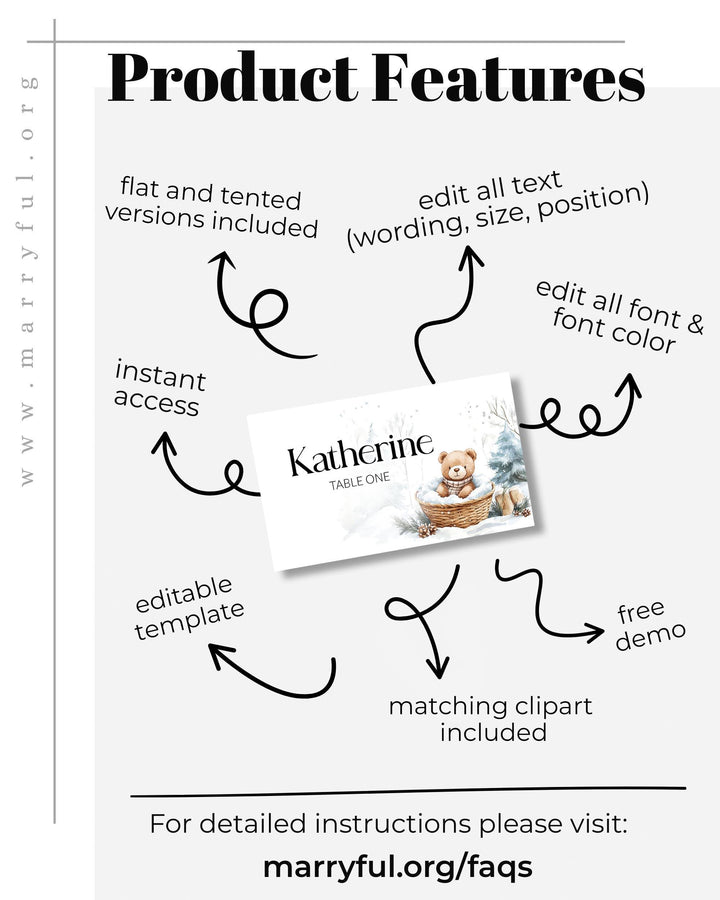 Baby It’s Cold Outside Place Cards, Winter Teddy Bear Food Labels, Flat & Tented Editable Templates #072 - TheLovebirdsDesign